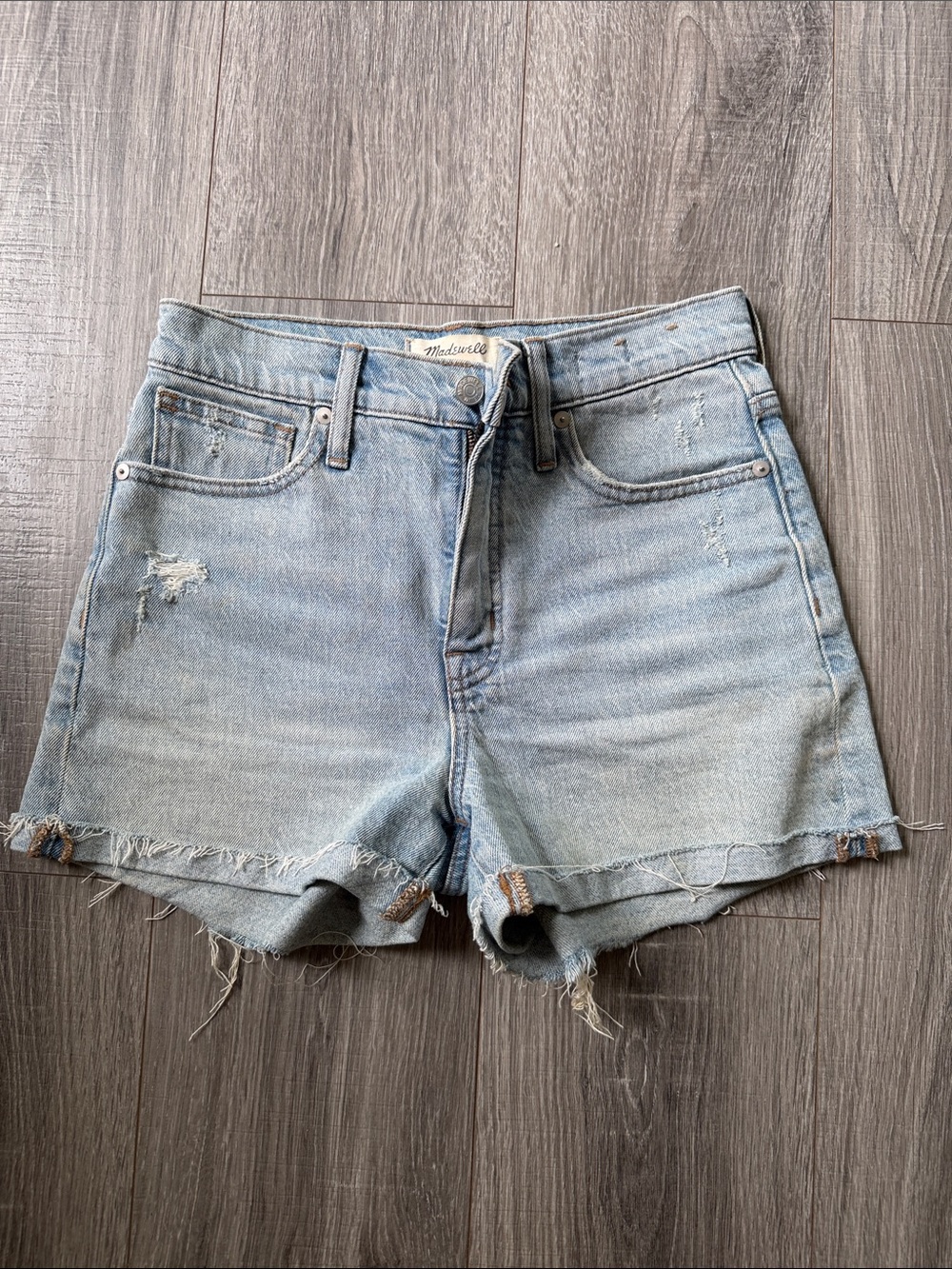 Madewell Light Wash Distressed High-Rise Denim Shorts